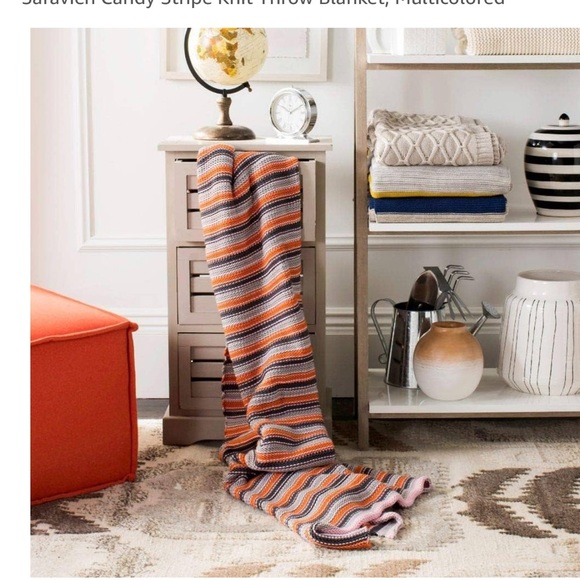 SAFAVIEH NWT Candy Stripe Knit Throw Blanket Style THR195A-5060 orange pink grey - Picture 2 of 8